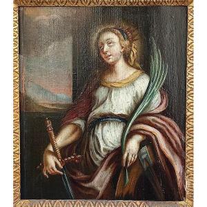 Santa Caterina d'Alessandria Olio su tavola di scuola italiana della fine del secolo XVI.