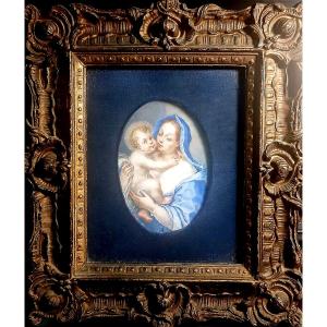 G.G. Chiari Madonna e bambino Miniatura ad olio su rame di scuola romana del XVII-XVIII secolo