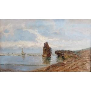 Mario Mirabella  (Palermo 187'0-1931)  Dipinto ad olio su tela raffigurante un tratto di costa 