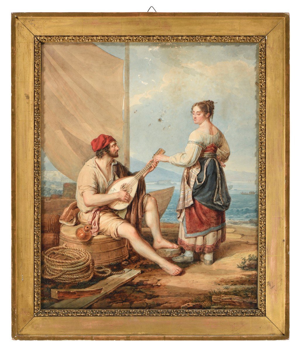 Henri L'EVEQUE (Ginevra,1769-1832) "Scena portuale con figure"