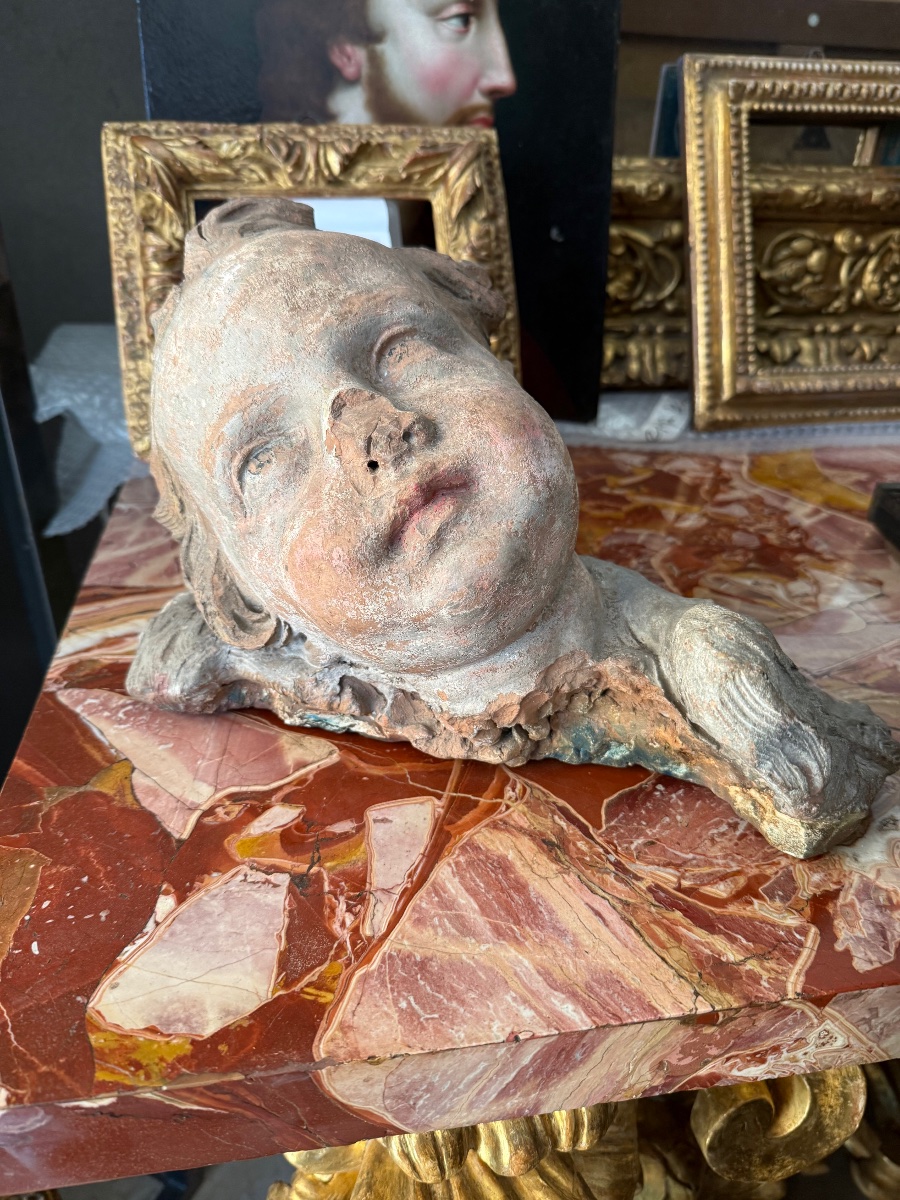 Plasticatore romano del sec. XVII Testa di putto in terracotta-photo-5