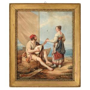 Henri L'EVEQUE (Ginevra,1769-1832) "Scena portuale con figure"