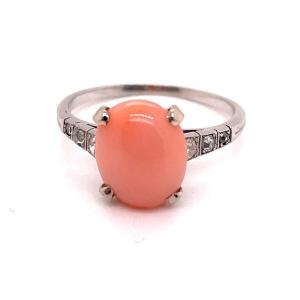 Old Platinum Coral Diamonds Ring