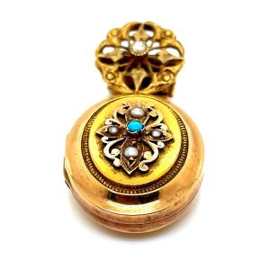 Napoleon III Photo Holder Pendant Yellow Gold Turquoise Pearls