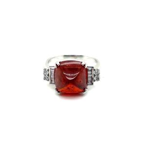 Art Deco Ring In White Gold With Diamonds, Spessartine Garnet