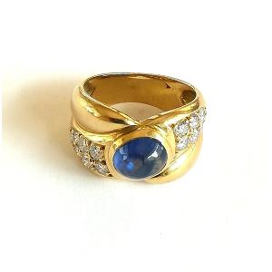 Crossed Bangle Ring In Yellow Gold With Sapphire And Diamonds