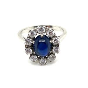 Antique White Gold Platinum Sapphire Cabochon Ring