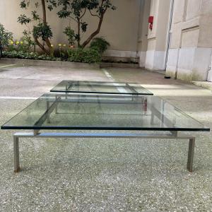 Pair Of Coffee Tables In Glass And Satin Chrome Steel