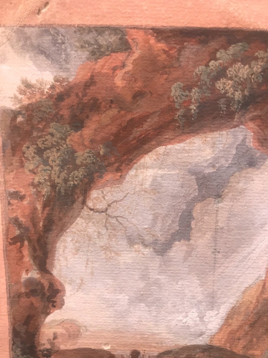 J.Houel (attr.) La Grotta di Nettuno a Tivoli. XVIII secolo - bozzetto preparatorio. Grand Tour-photo-3