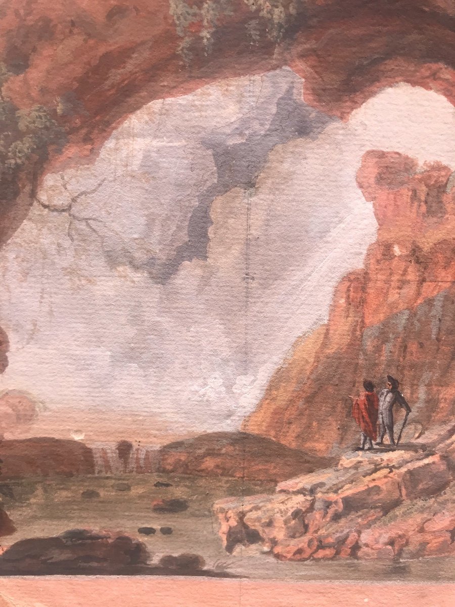 J.Houel (attr.) La Grotta di Nettuno a Tivoli. XVIII secolo - bozzetto preparatorio. Grand Tour-photo-1