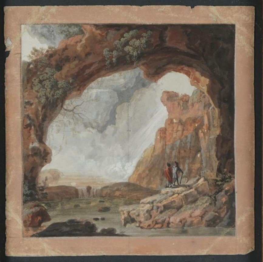 J.Houel (attr.) La Grotta di Nettuno a Tivoli. XVIII secolo - bozzetto preparatorio. Grand Tour