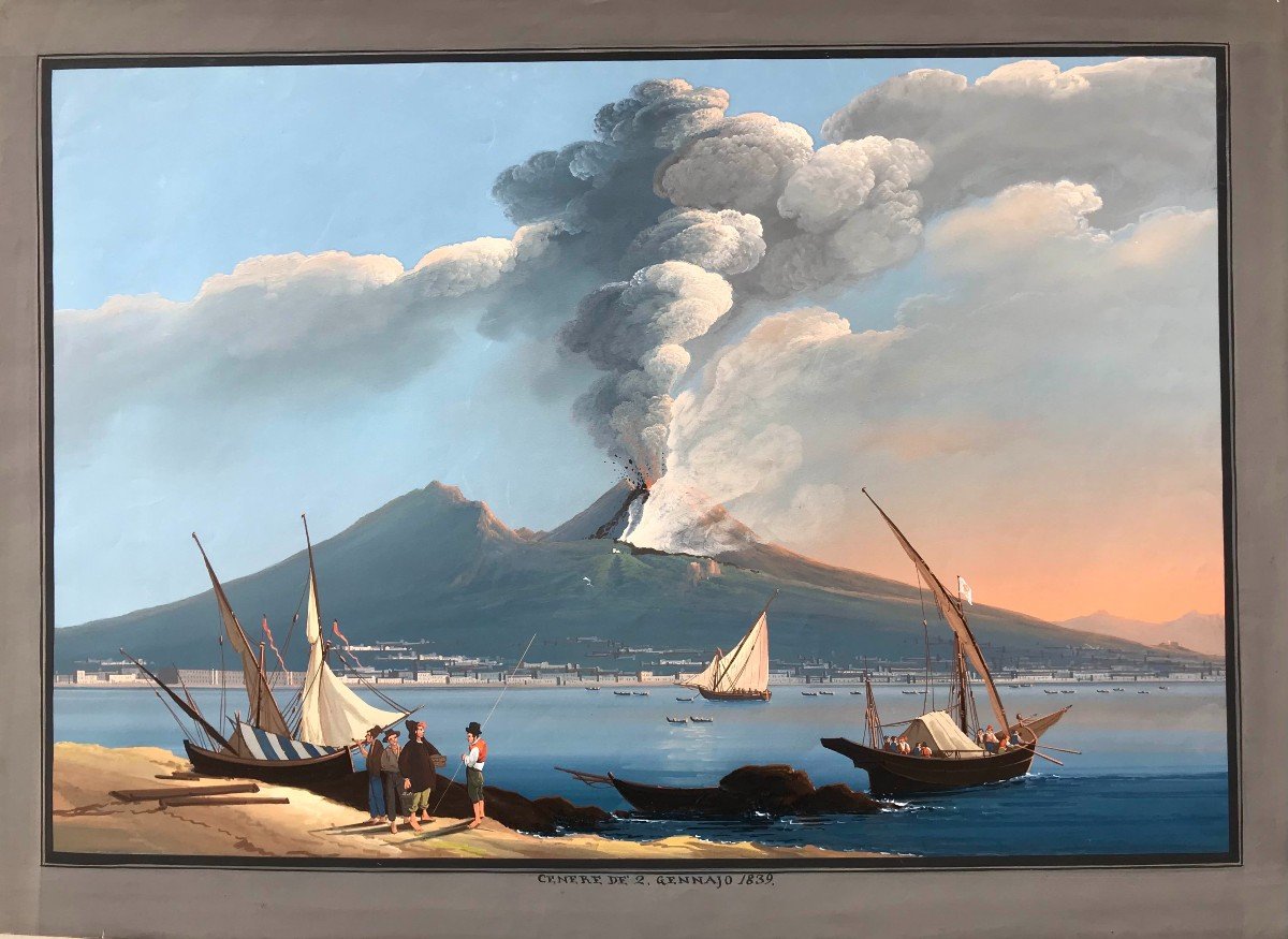 Camillo de Vito (attr.) Eruzione del Vesuvio  1839 - Gouache napoletana - Napoli Italia