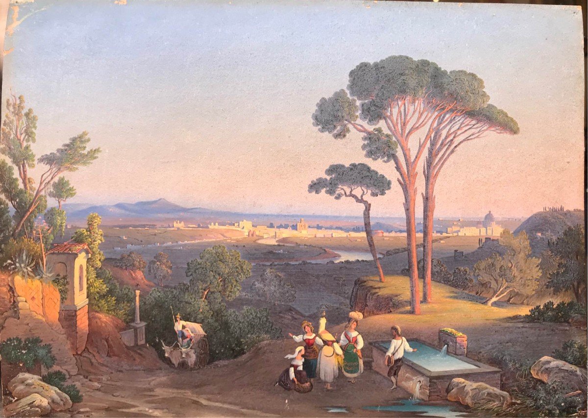 Ignaz Pfyffer von Altishofen - Veduta generale di  Roma - 1830 Ca Olio Su Carta - Italia Grand Tour