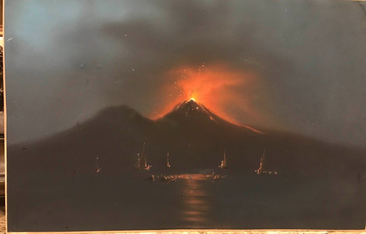 Scuola napoletana -Eruzione del Vesuvio - 1860 - gouache Italia Grand Tour Napoli