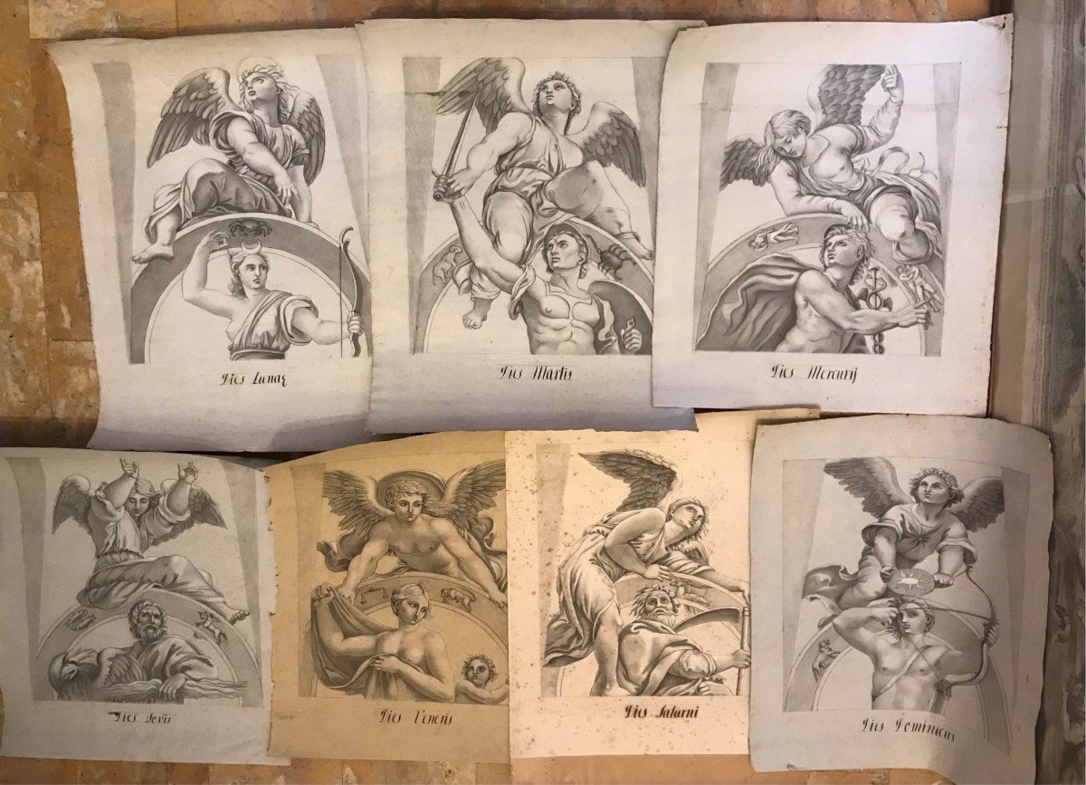 Scuola europea- lotto di 7 acquerelli -segni zodiacali- Italia Francia