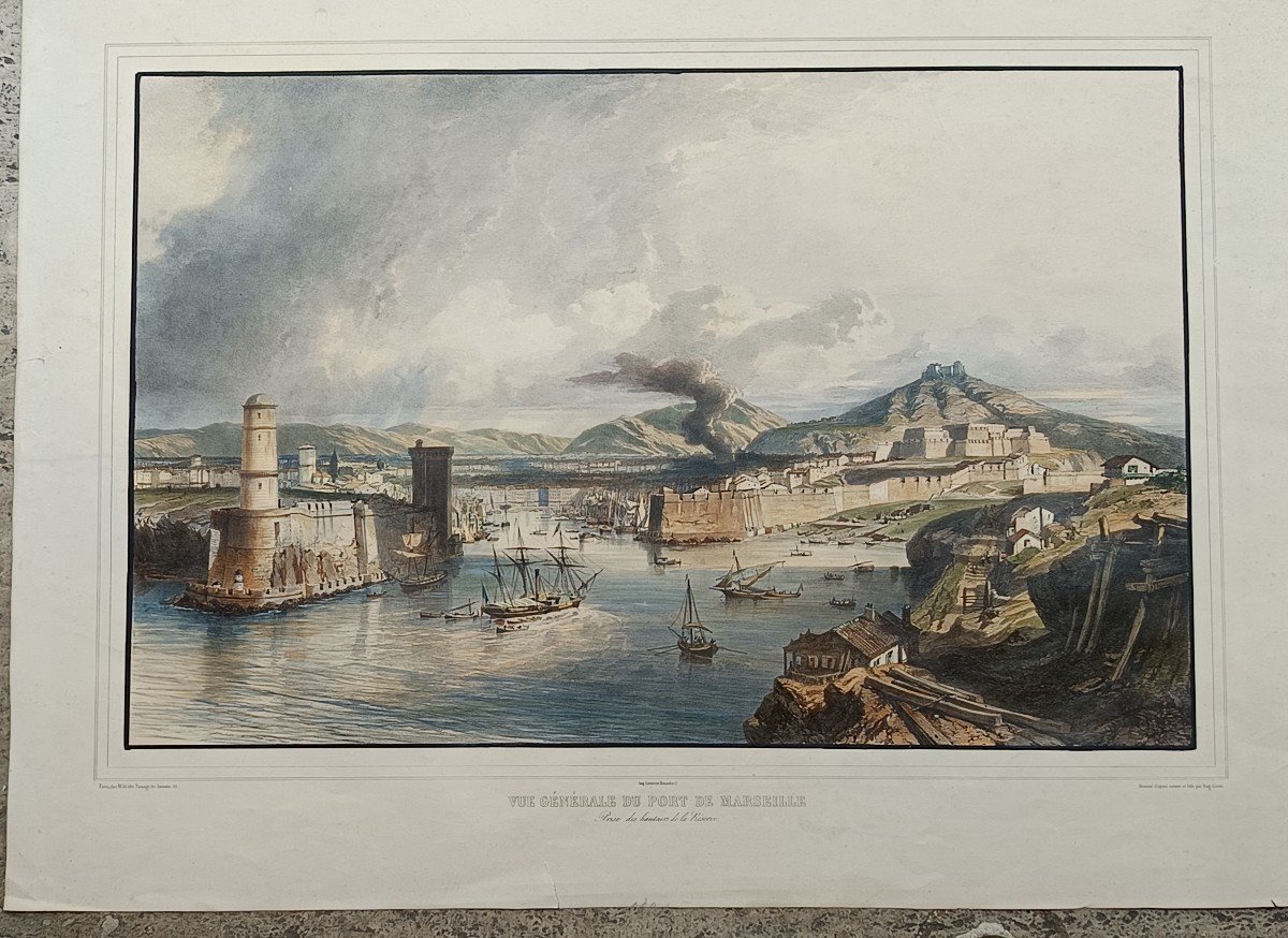 bellissima veduta litografica del porto di Marsiglia coloritura coeva