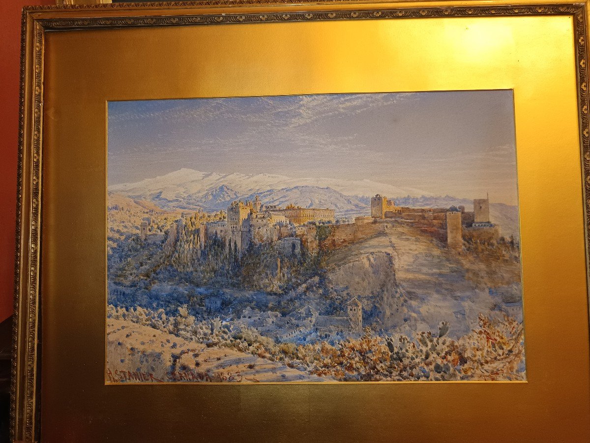 Henry Stainer - Granada  veduta dell'alhambra   1883 acquarello Spagna 