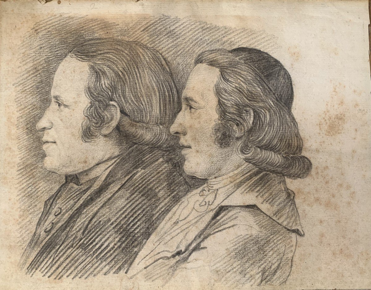 Ritratto di due uomini - disegno a matita XVIII s. Italia Francia Inghilterra