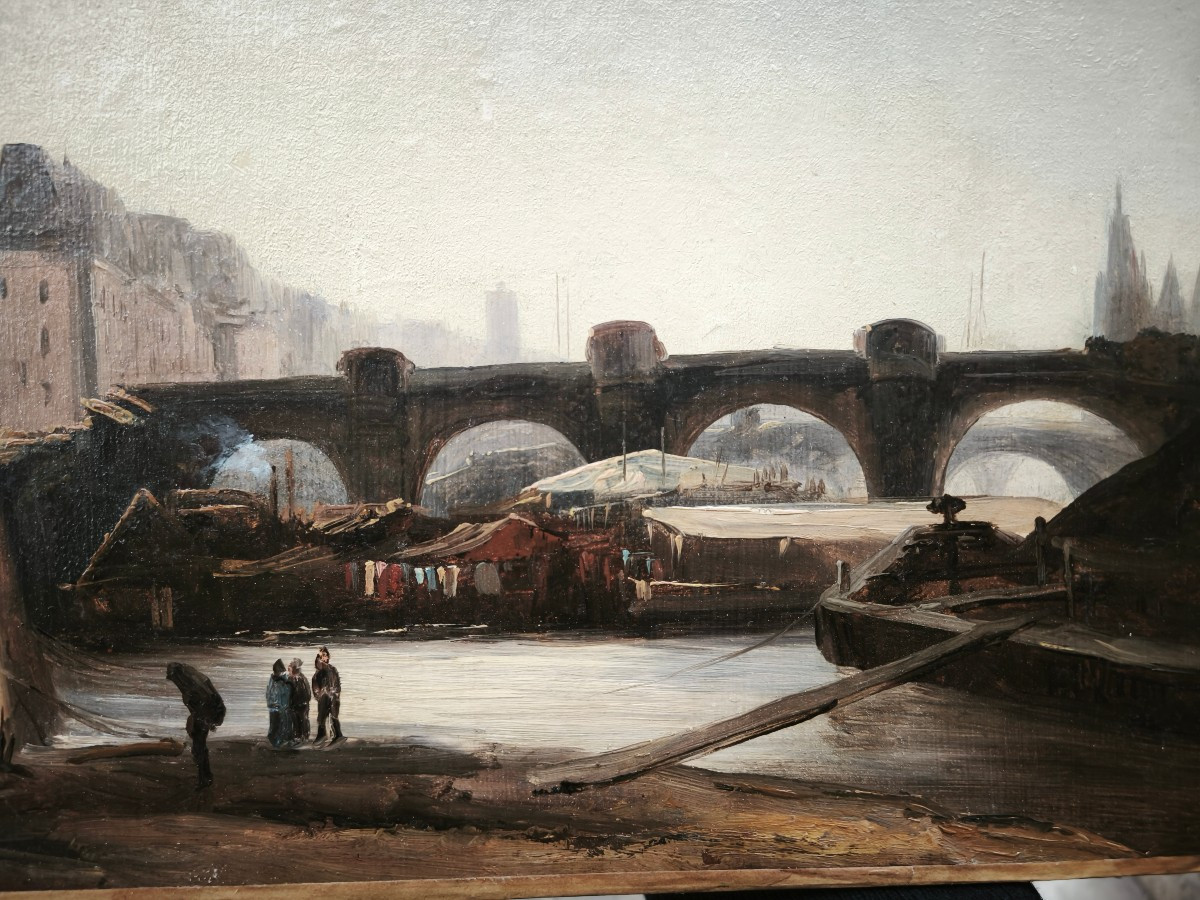 veduta del Ponte Nuovo di Parigi con la Samaritana olio su carta metà Ottocento firmato Melle-photo-2