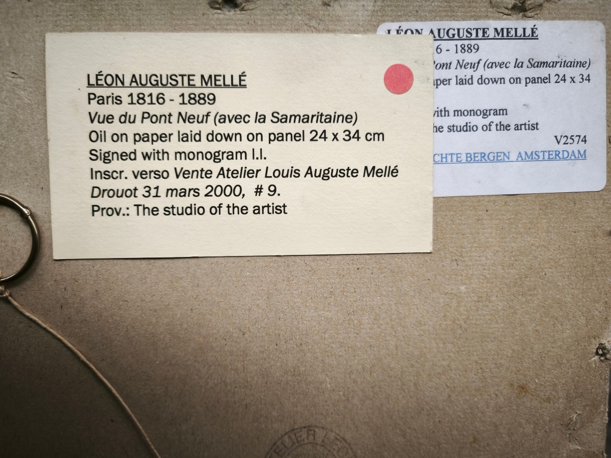 veduta del Ponte Nuovo di Parigi con la Samaritana olio su carta metà Ottocento firmato Melle-photo-3