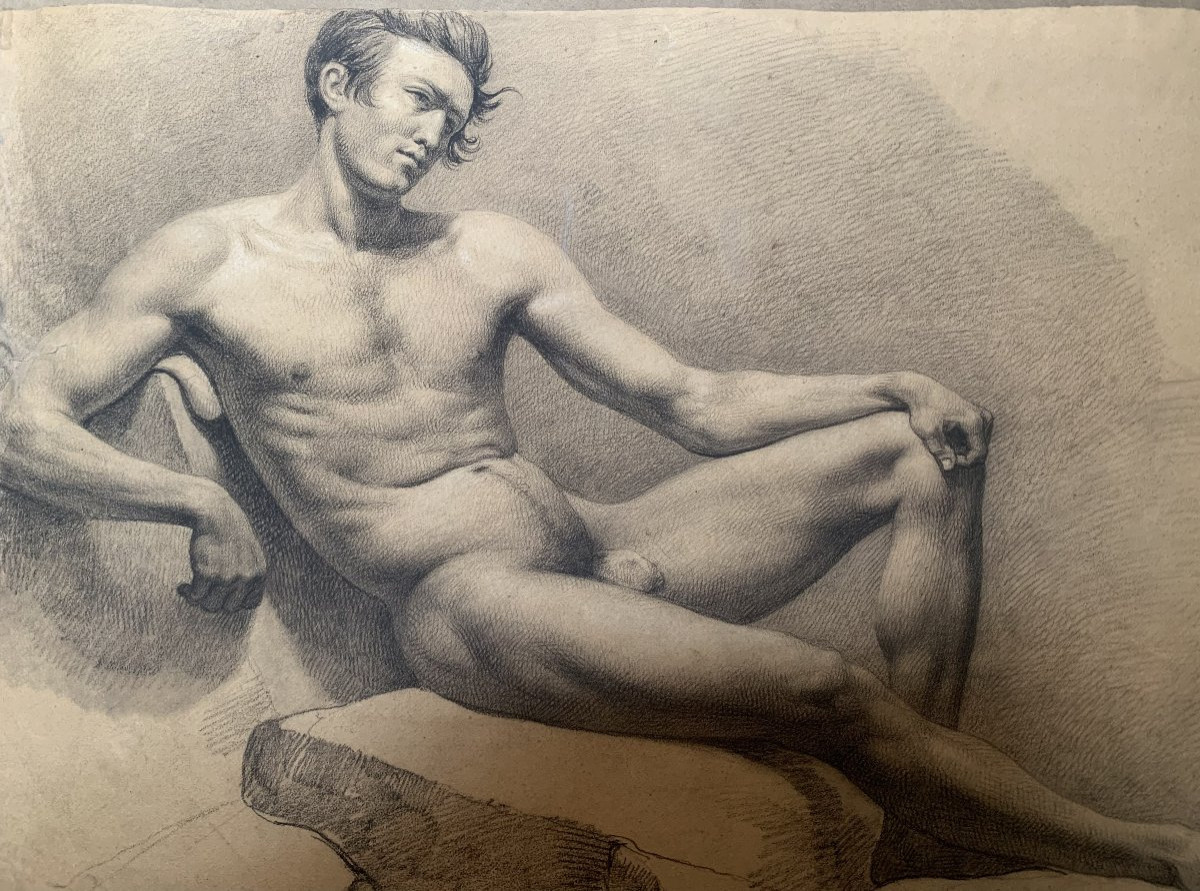 Nudo maschile accademico- Accademia nudo uomo - Italia Francia 1820 ca Disegno-photo-2