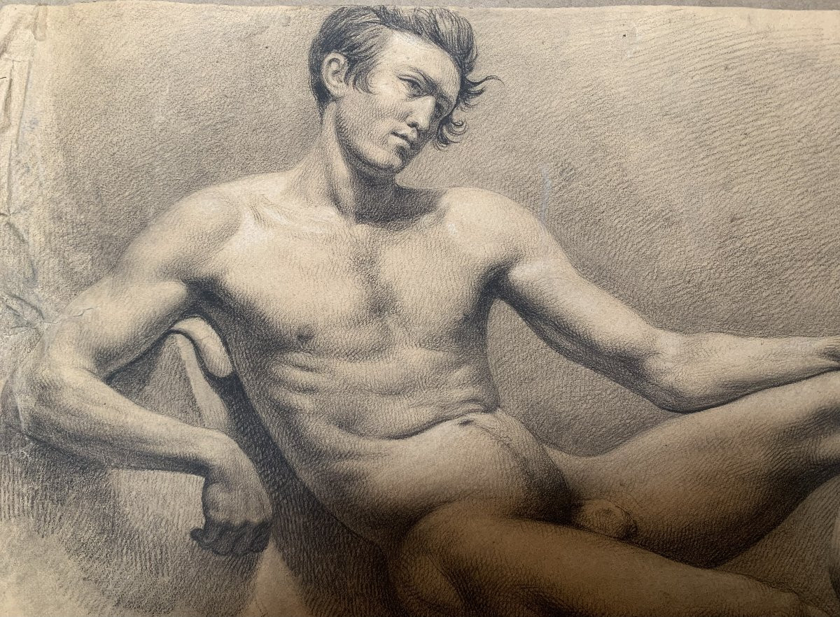 Nudo maschile accademico- Accademia nudo uomo - Italia Francia 1820 ca Disegno-photo-3