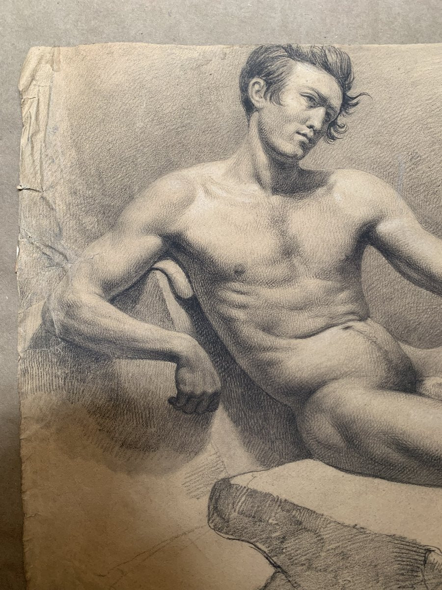 Nudo maschile accademico- Accademia nudo uomo - Italia Francia 1820 ca Disegno-photo-4