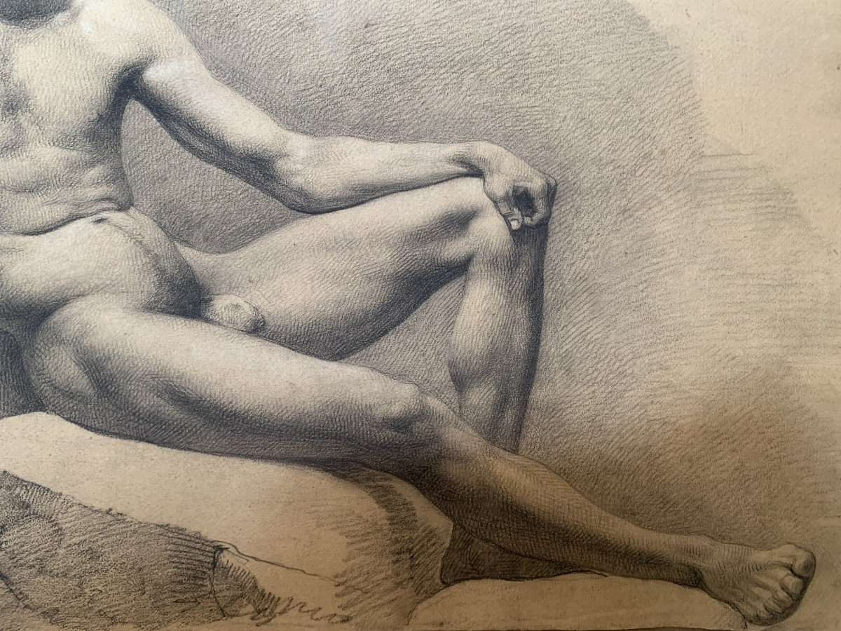 Nudo maschile accademico- Accademia nudo uomo - Italia Francia 1820 ca Disegno-photo-1