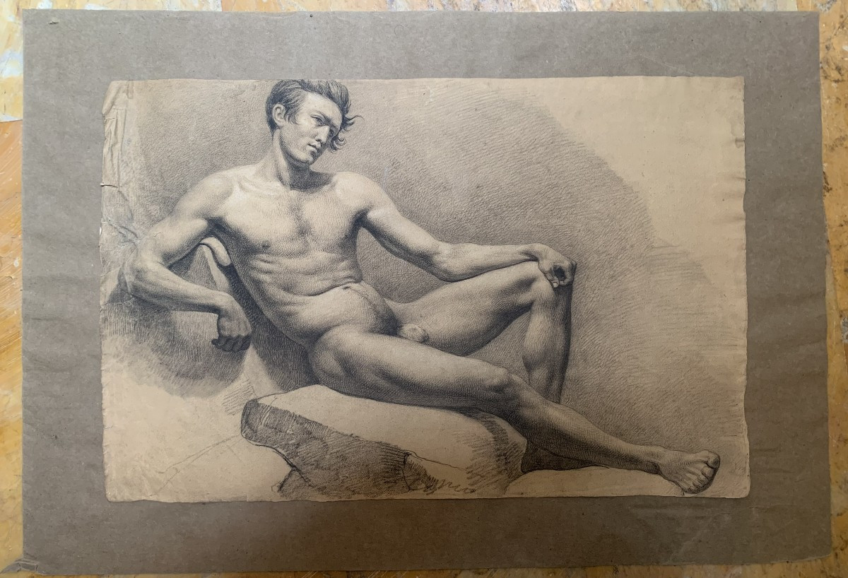 Nudo maschile accademico- Accademia nudo uomo - Italia Francia 1820 ca Disegno