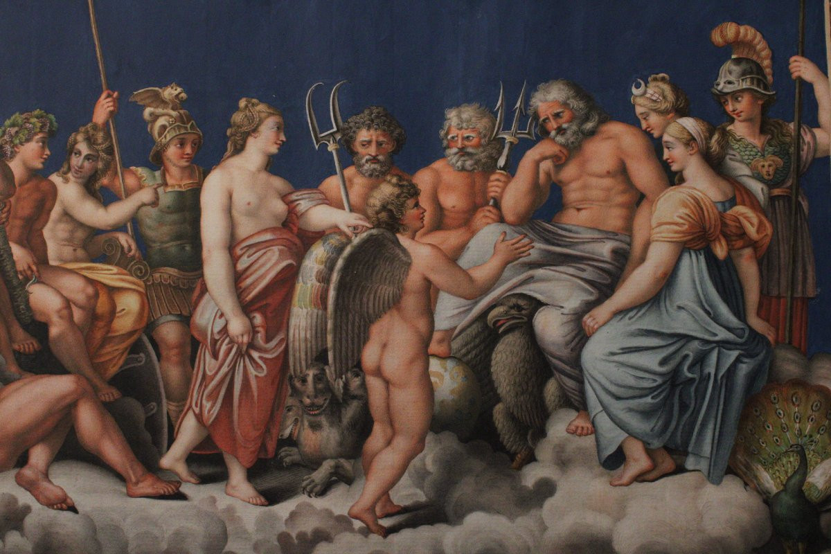 Dorigny - Il Consiglio degli Dei - Raffaello 1693 Italia Grand Tour Mitologia - Acquerello -photo-2