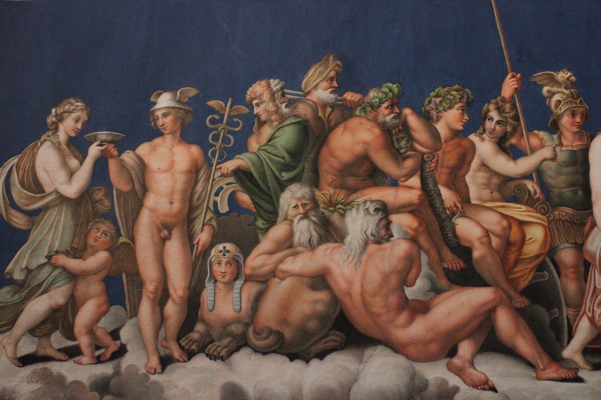 Dorigny - Il Consiglio degli Dei - Raffaello 1693 Italia Grand Tour Mitologia - Acquerello -photo-3