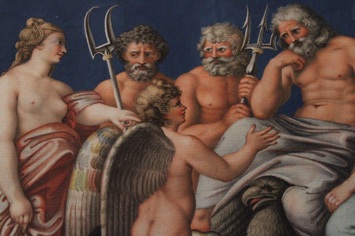 Dorigny - Il Consiglio degli Dei - Raffaello 1693 Italia Grand Tour Mitologia - Acquerello -photo-4