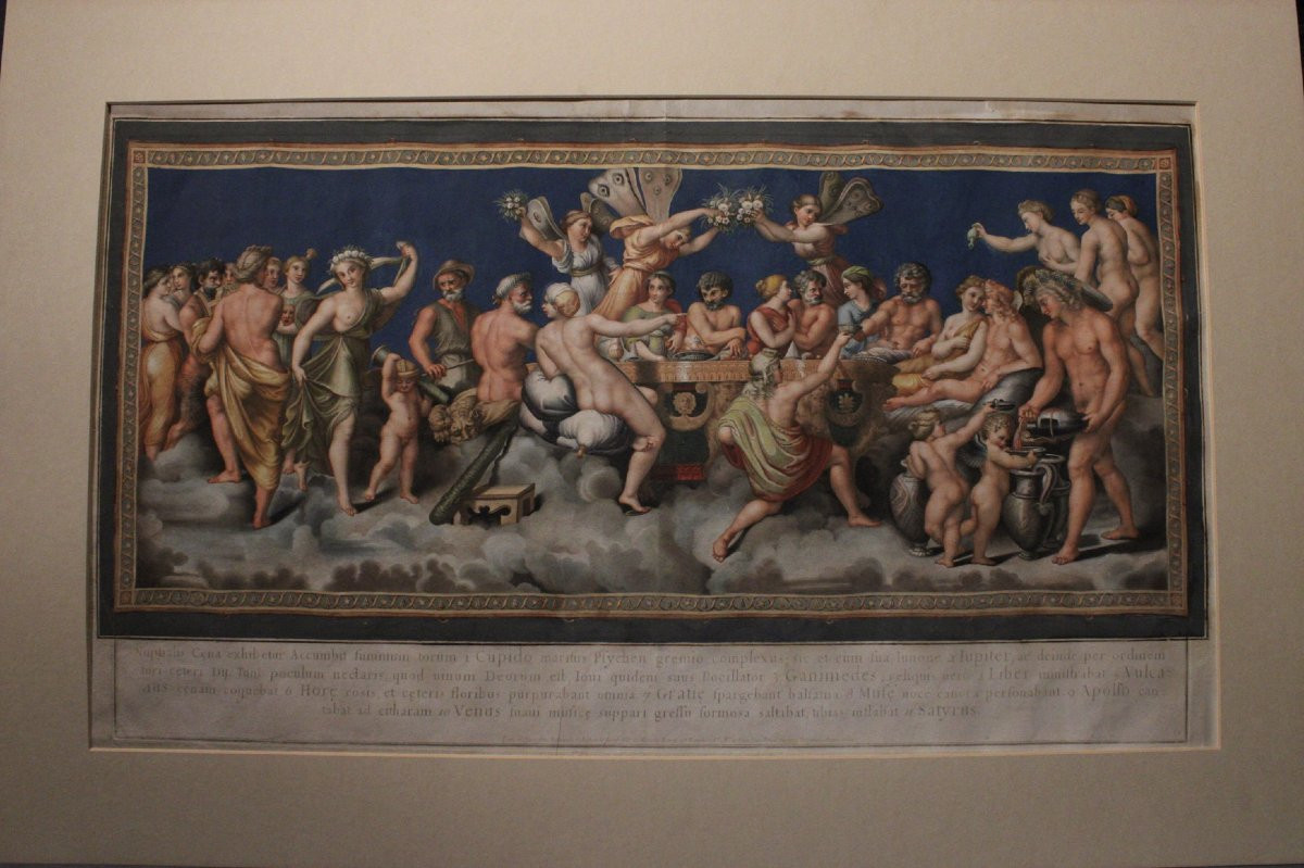 Dorigny - Il Consiglio degli Dei - Raffaello 1693 Italia Grand Tour Mitologia - Acquerello -photo-2