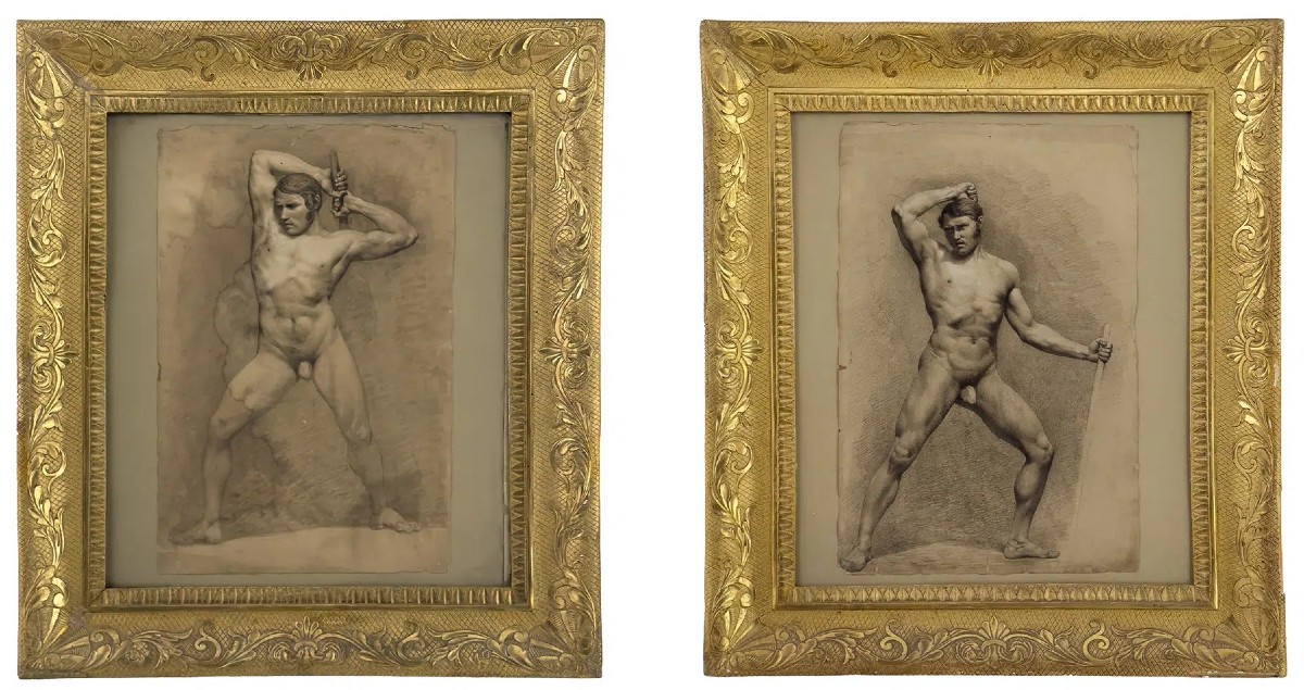 2  Nudi maschilei accademici - Accademia nudo uomo - Italia Francia 1820 ca