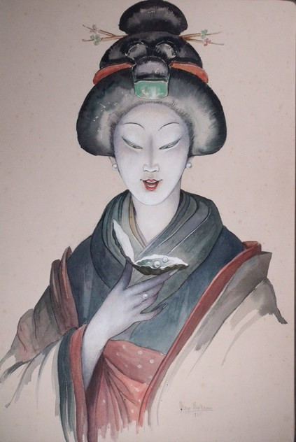 M. Léon Moureau - Acquerello raffigurante una donna giapponese con perla / Acquerello cinese /-photo-2