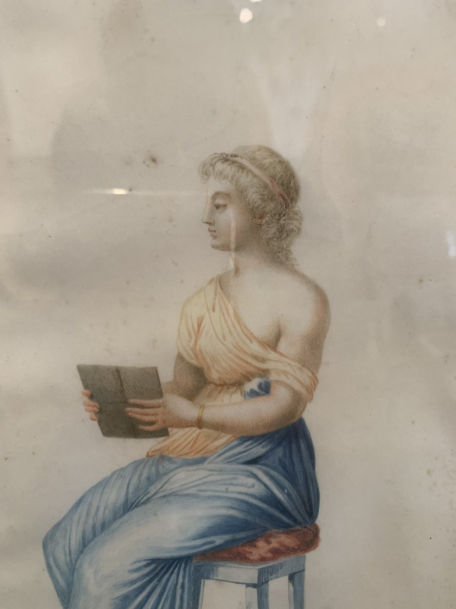 Figura pompeiana- gouache su pergamena - neoclassica fine XVIII s Italia Napoli Grand Tour-photo-2