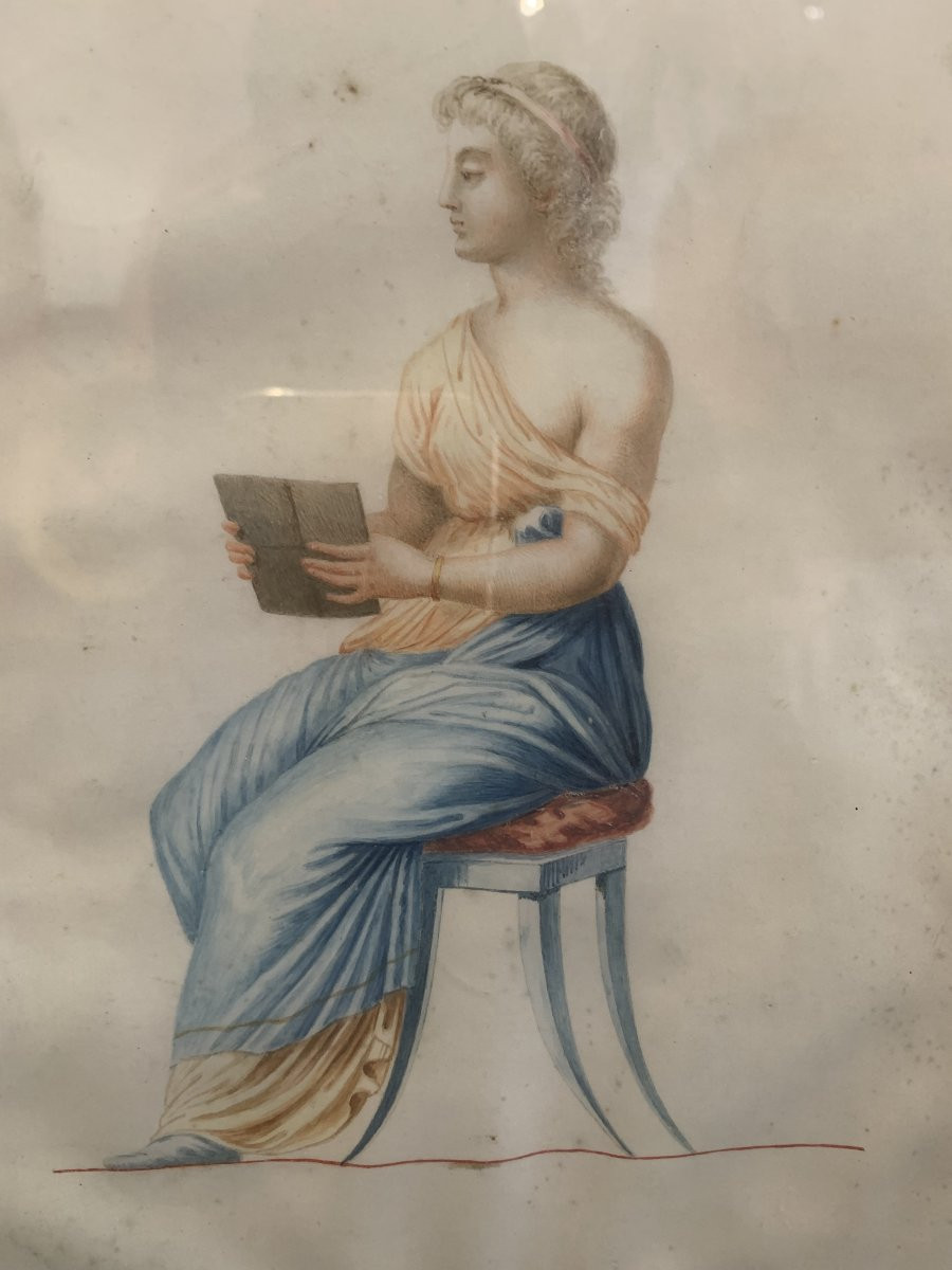 Figura pompeiana- gouache su pergamena - neoclassica fine XVIII s Italia Napoli Grand Tour-photo-3