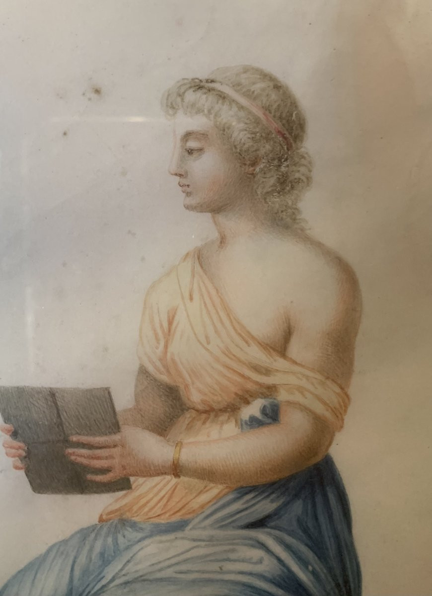 Figura pompeiana- gouache su pergamena - neoclassica fine XVIII s Italia Napoli Grand Tour-photo-2
