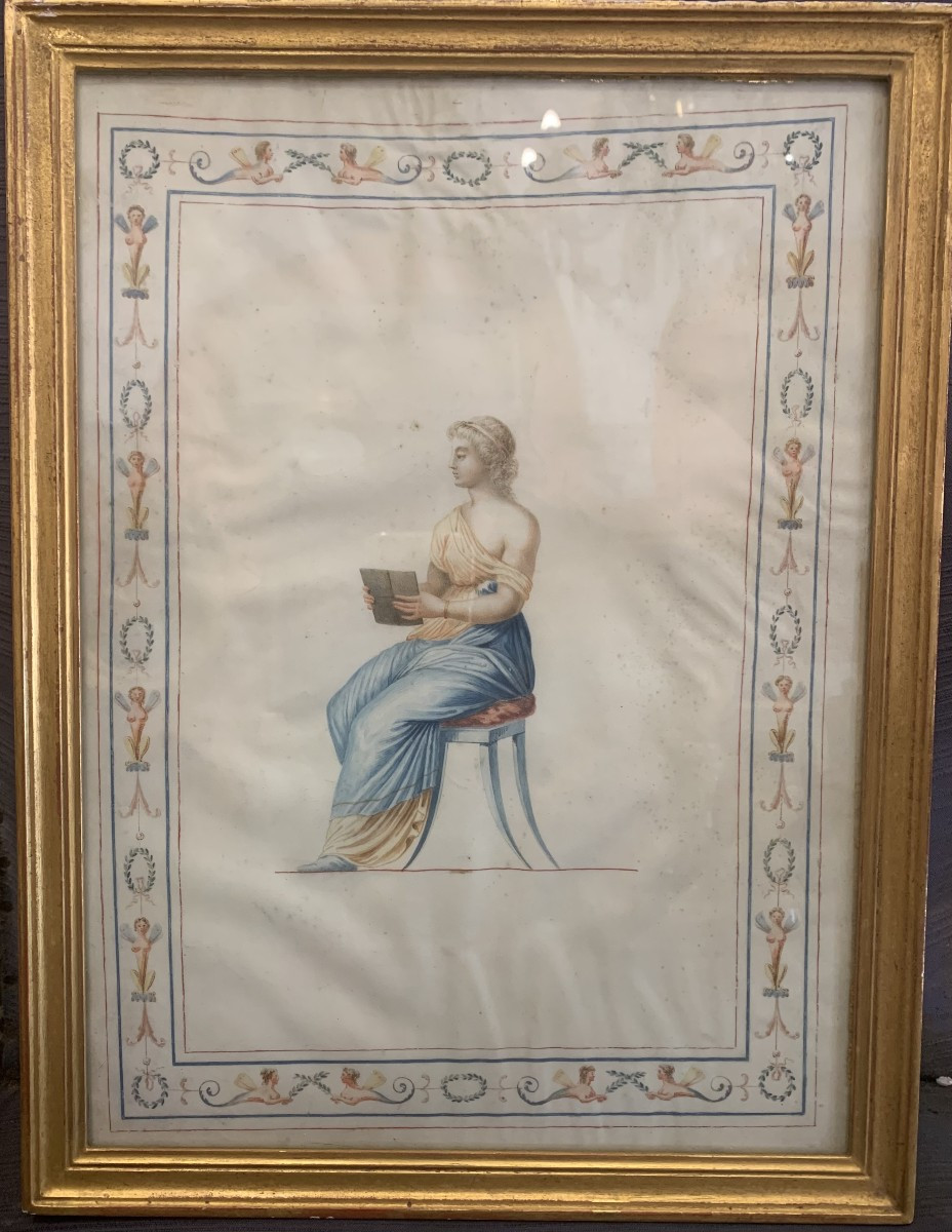 Figura pompeiana- gouache su pergamena - neoclassica fine XVIII s Italia Napoli Grand Tour