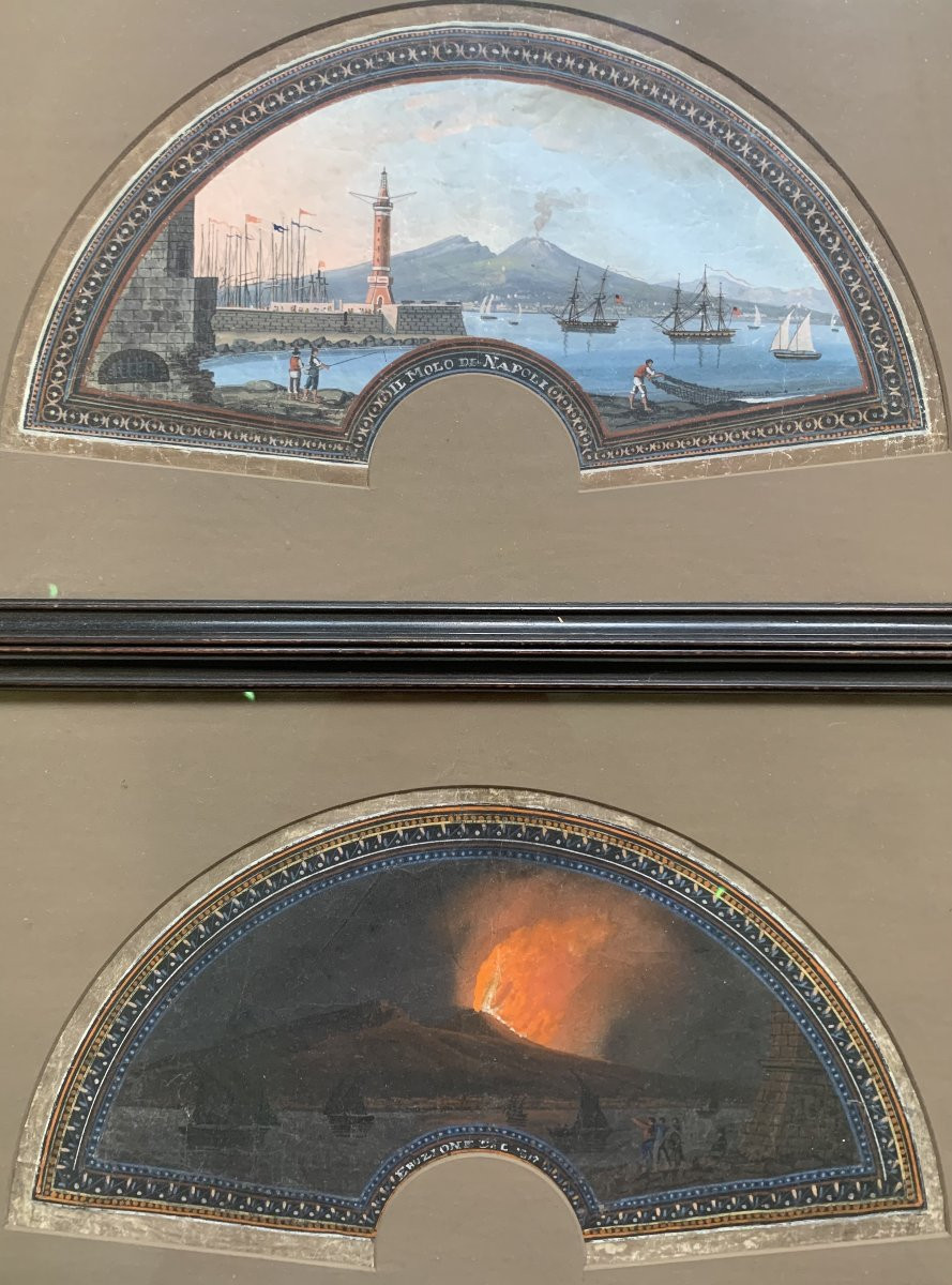 Scuola napoletana - Coppia di eruzioni del Vesuvio Ventagli -Italia Napoli Grand Tour gouaches-photo-2