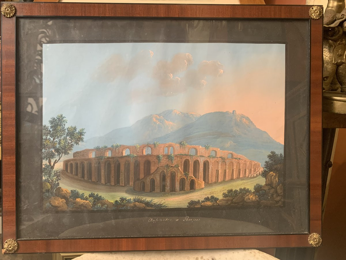 Scuola Napoletana 4 gouaches 1850 ca  Napoli Italia Grand Tour  Capri Ischia Paestum Pompei-photo-2