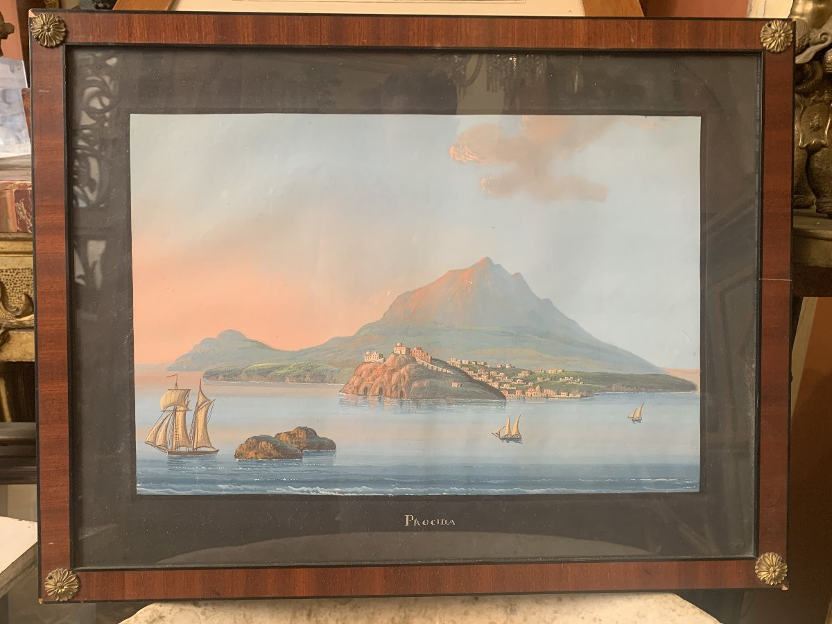 Scuola Napoletana 4 gouaches 1850 ca  Napoli Italia Grand Tour  Capri Ischia Paestum Pompei-photo-3