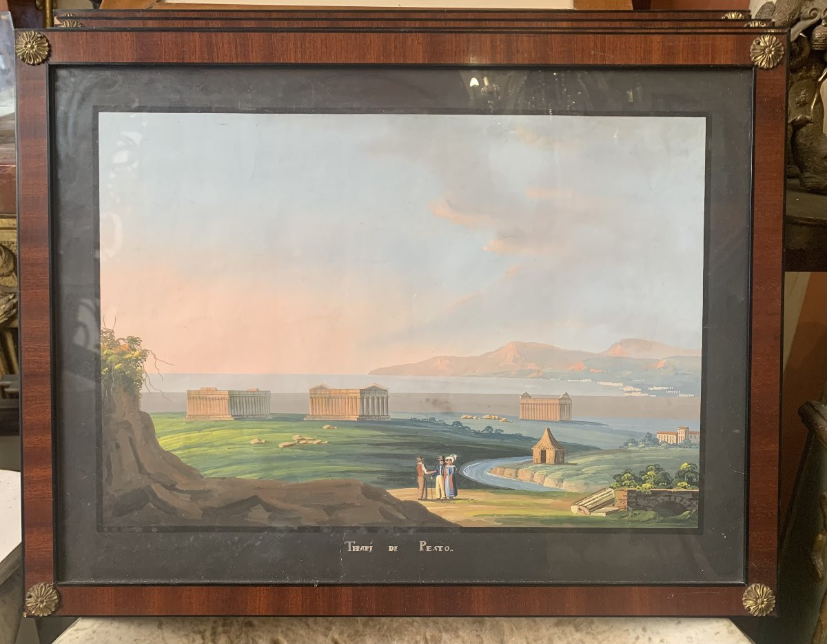 Scuola Napoletana 4 gouaches 1850 ca  Napoli Italia Grand Tour  Capri Ischia Paestum Pompei-photo-1