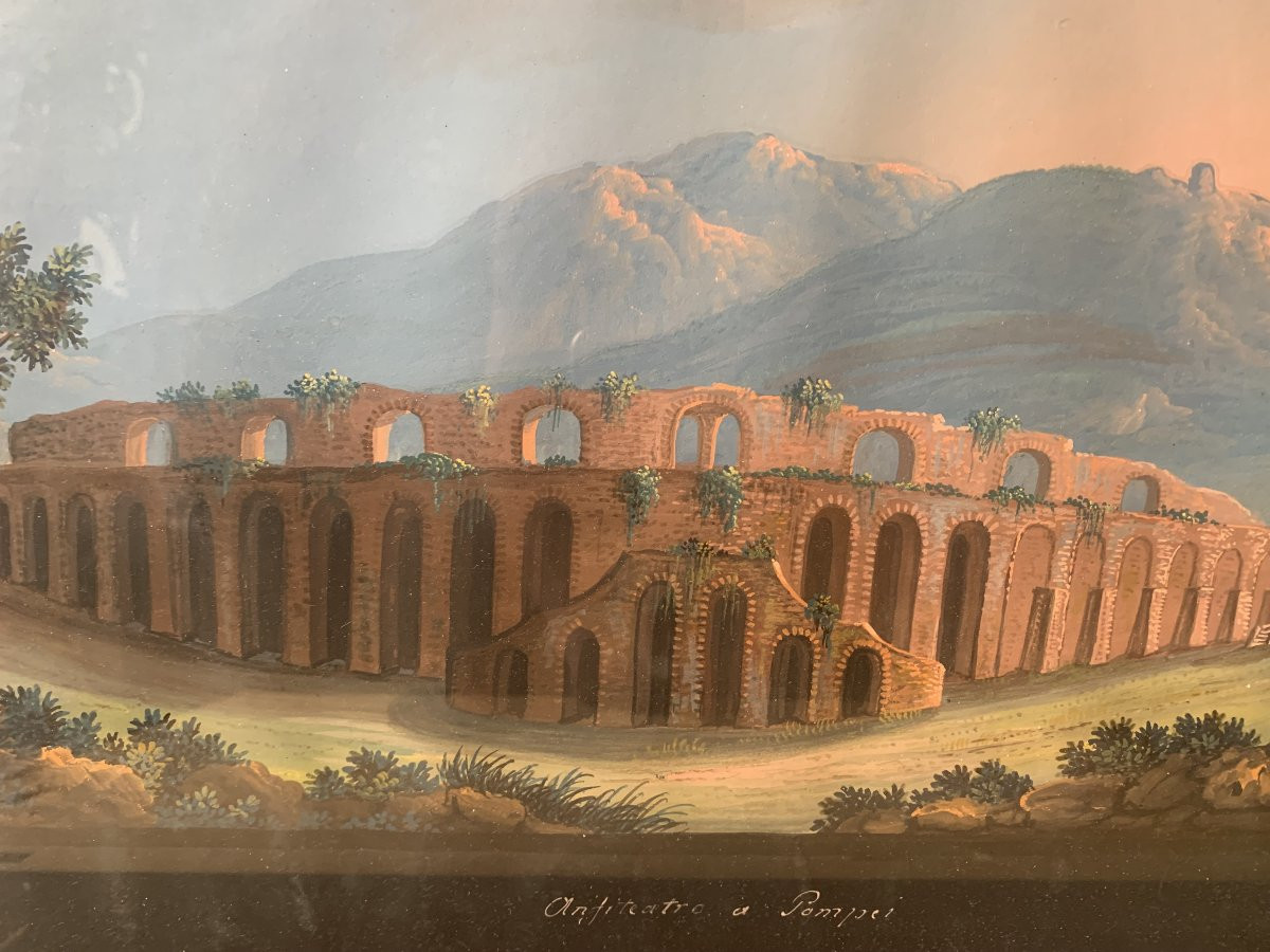 Scuola Napoletana 4 gouaches 1850 ca  Napoli Italia Grand Tour  Capri Ischia Paestum Pompei-photo-5