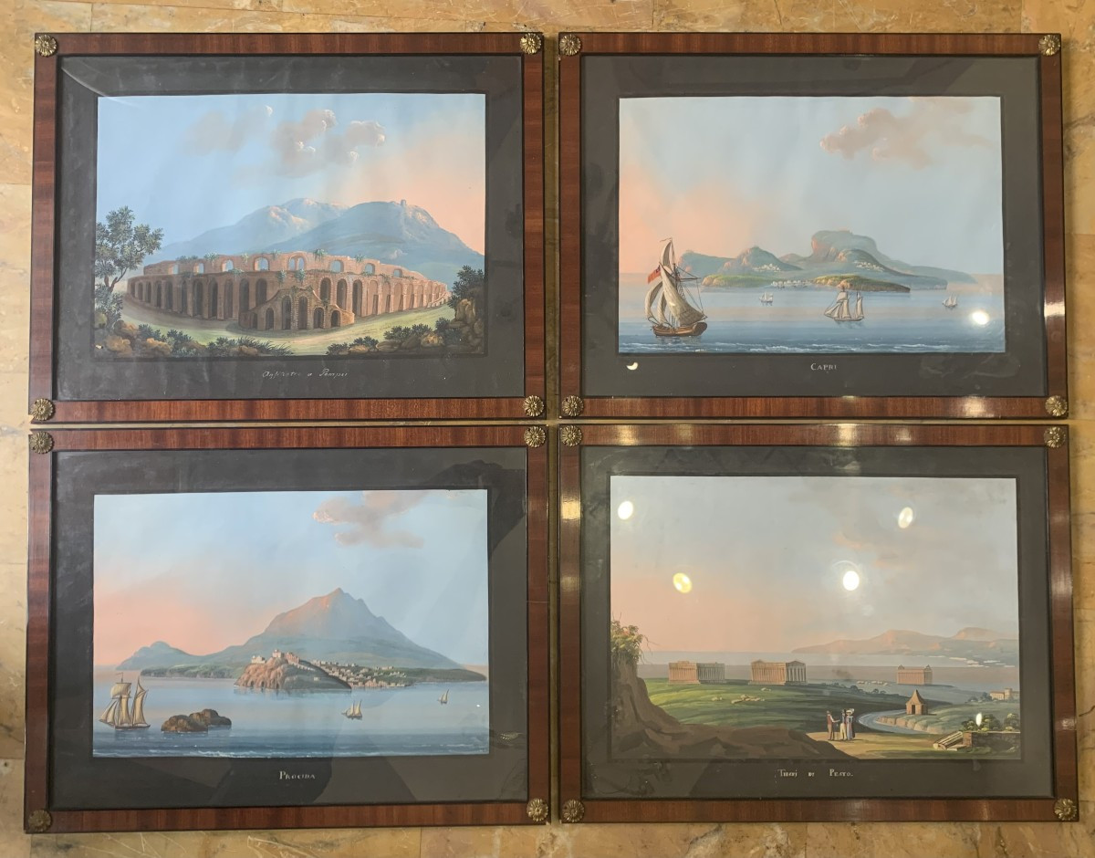 Scuola Napoletana 4 gouaches 1850 ca  Napoli Italia Grand Tour  Capri Ischia Paestum Pompei