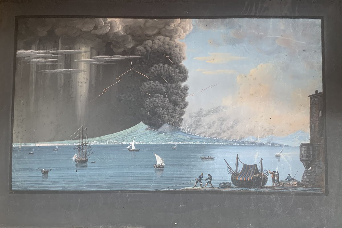 Scuola napoletana - 2  Eruzioni del Vesuvio del giugno 1794 - Napoli Italia gouaches Grand Tour-photo-2