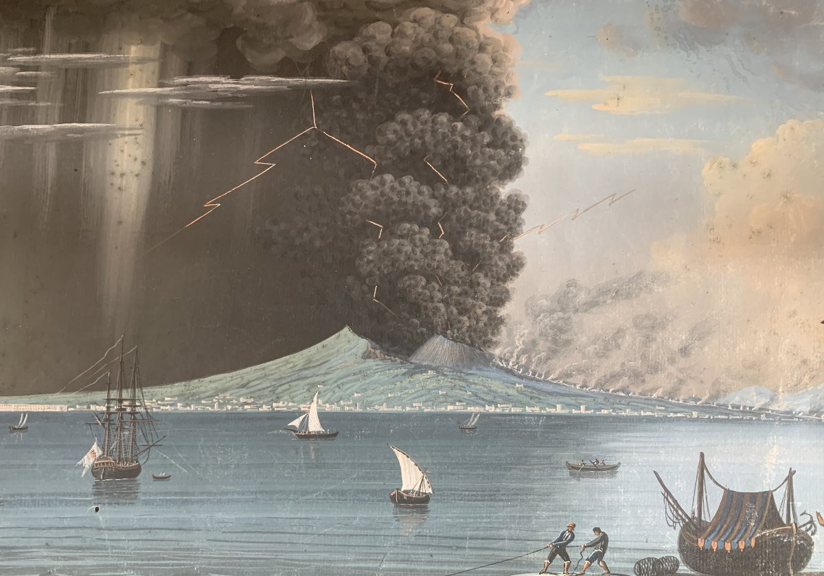 Scuola napoletana - 2  Eruzioni del Vesuvio del giugno 1794 - Napoli Italia gouaches Grand Tour-photo-3