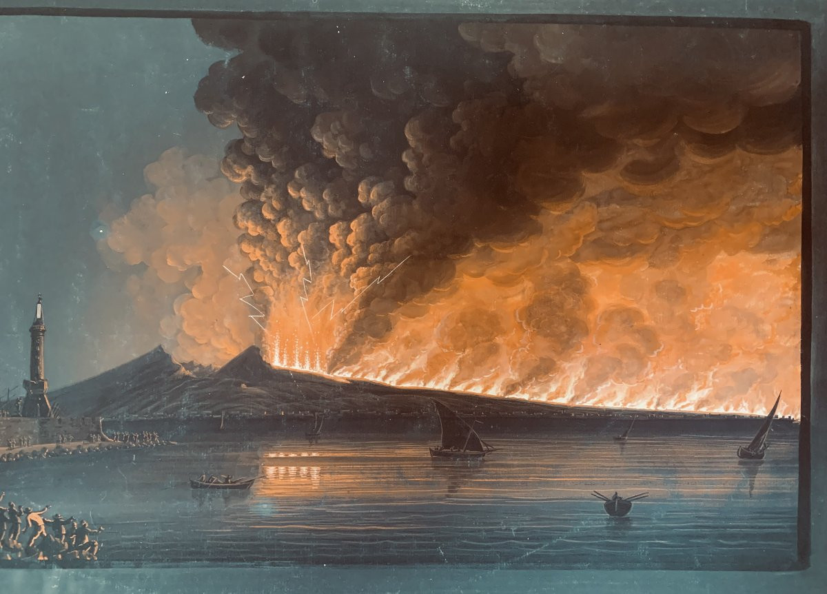 Scuola napoletana - 2  Eruzioni del Vesuvio del giugno 1794 - Napoli Italia gouaches Grand Tour-photo-1