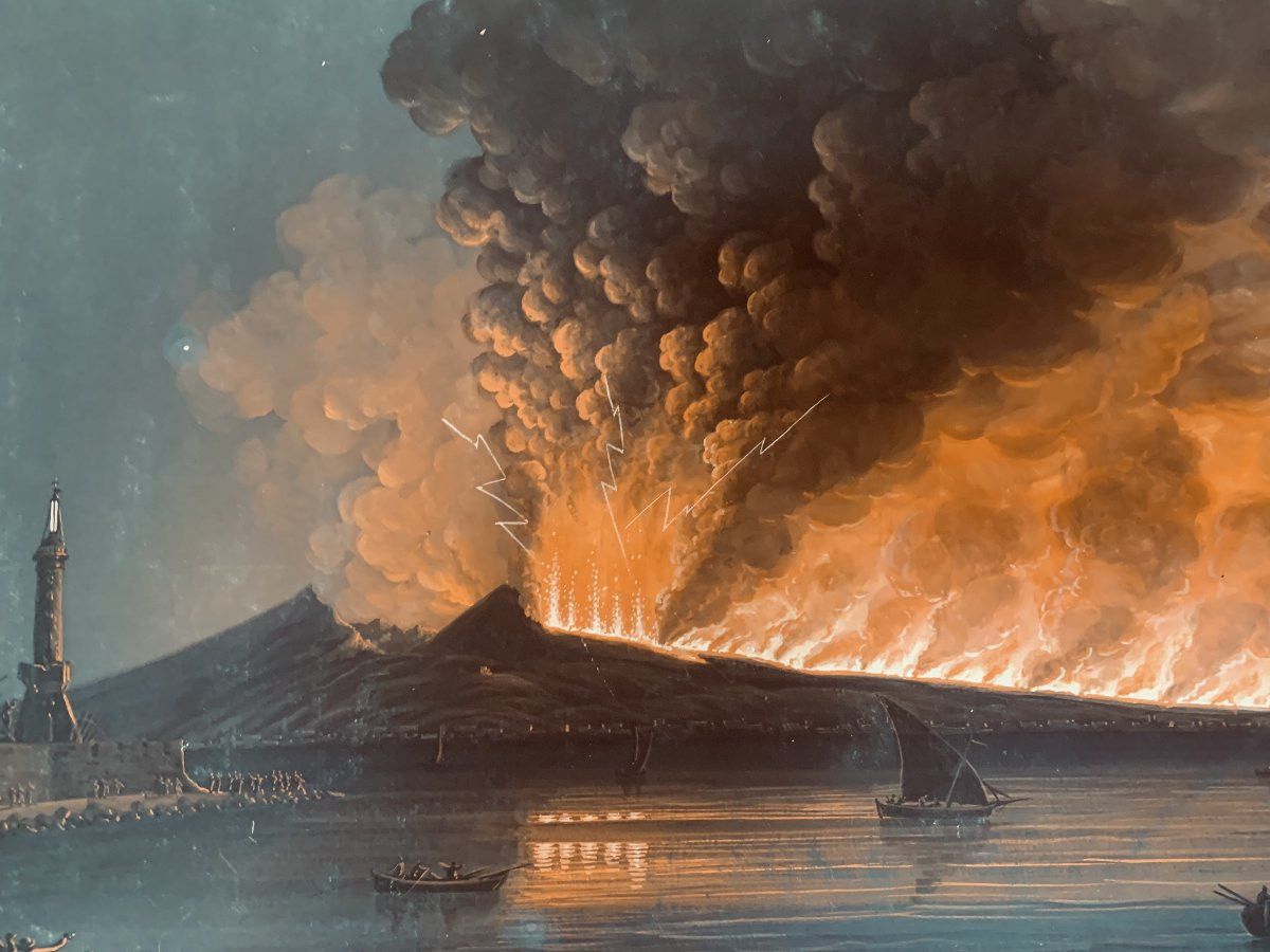 Scuola napoletana - 2  Eruzioni del Vesuvio del giugno 1794 - Napoli Italia gouaches Grand Tour-photo-2