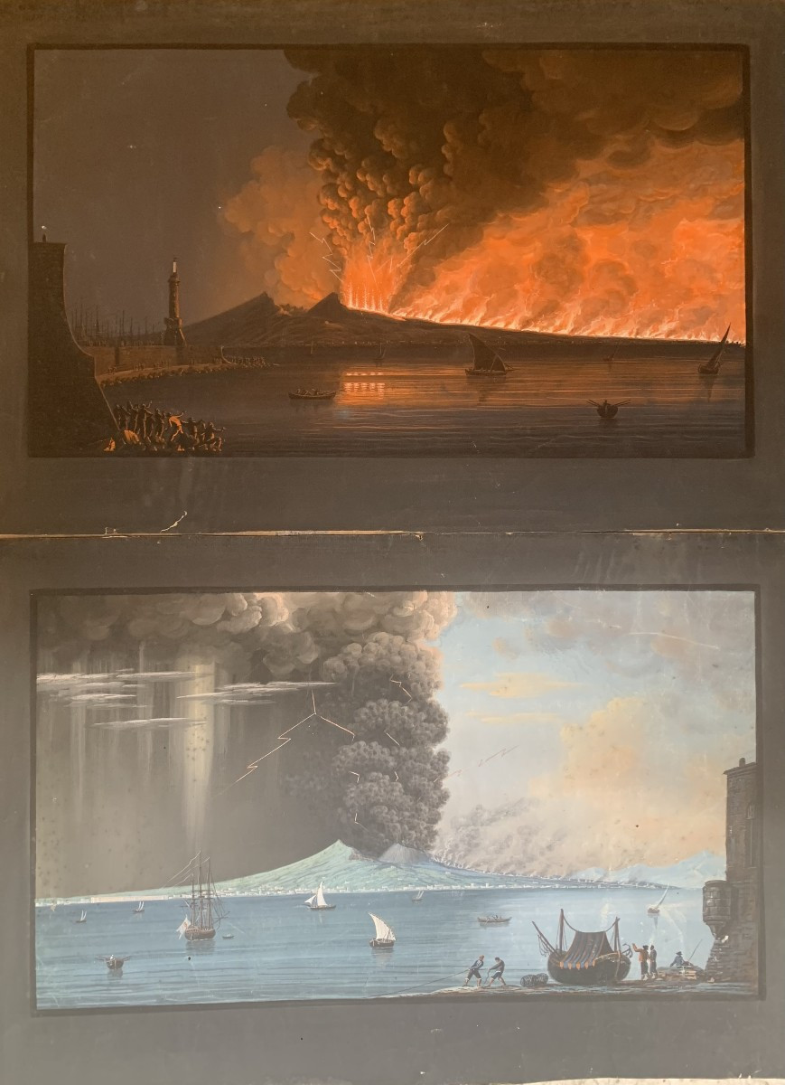 Scuola napoletana - 2  Eruzioni del Vesuvio del giugno 1794 - Napoli Italia gouaches Grand Tour